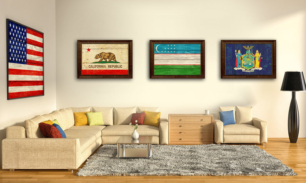 Uzbekistan Country Textured Flag Print With Brown Gold Frame, 15"X21"