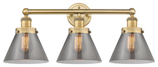 Edison Large Cone-3 Lt 25"Bath Vanity Lt-Brushed Brass Finish-Plated Smoke Shade