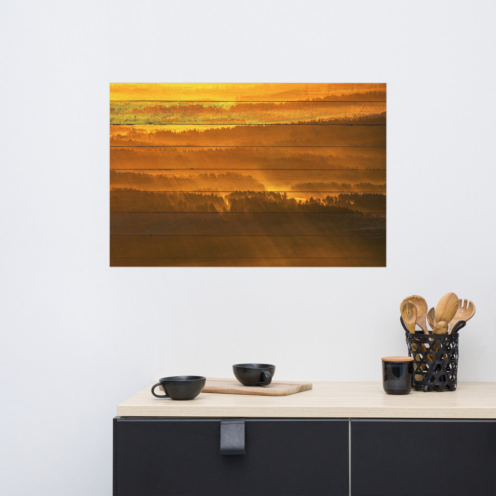 Faux Wood Golden Mist Valley - Hills & Mountain Range Wall Art Prints, 24" X 36"