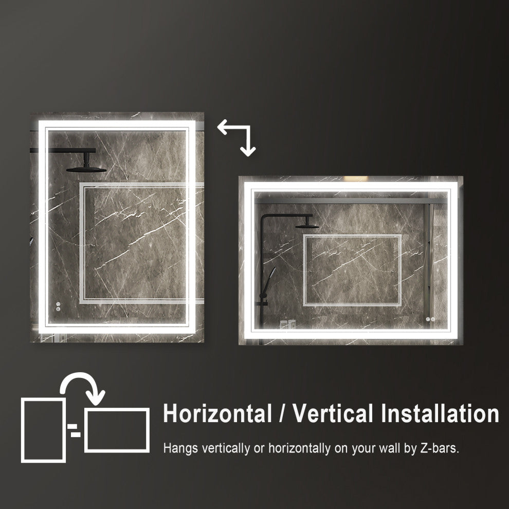 Frameless LED Lighted Bathroom Mirror With Defogger Dimmer, 48"x36"