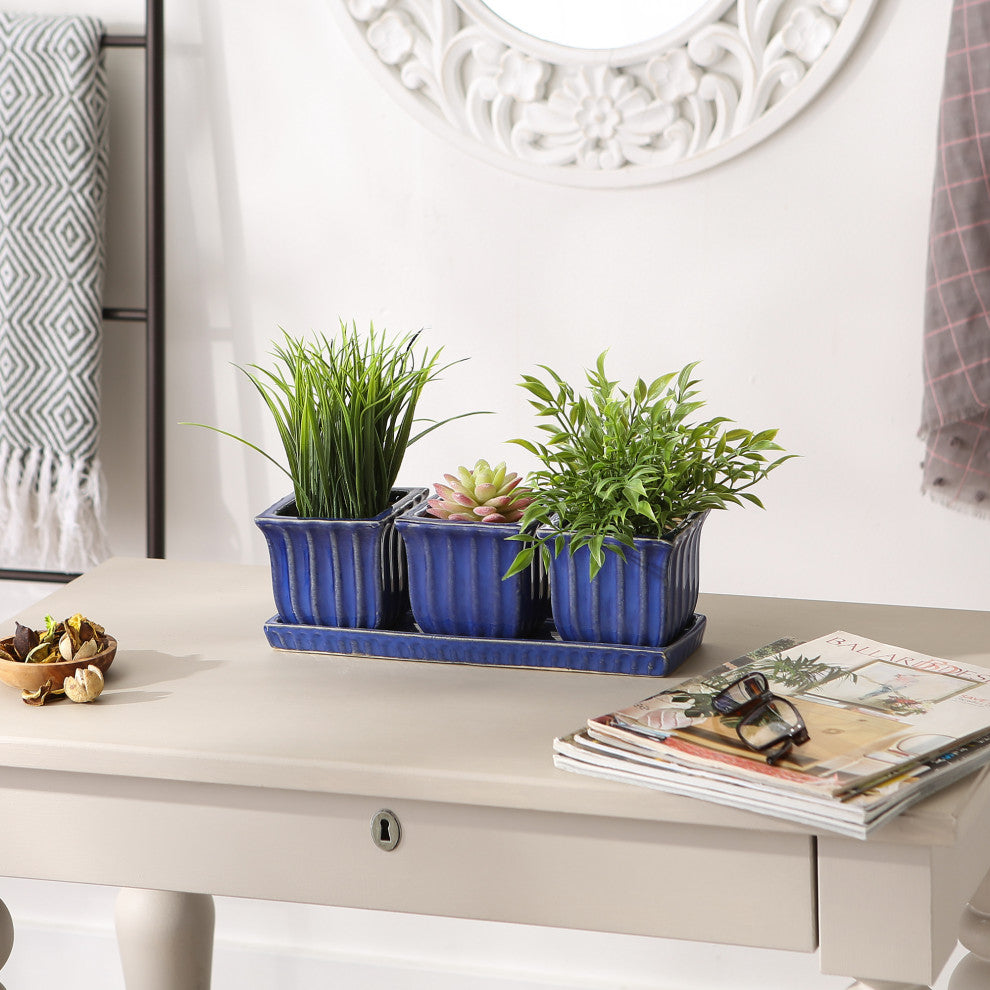 Blue Square Ceramic Small Planter (Set of 3)