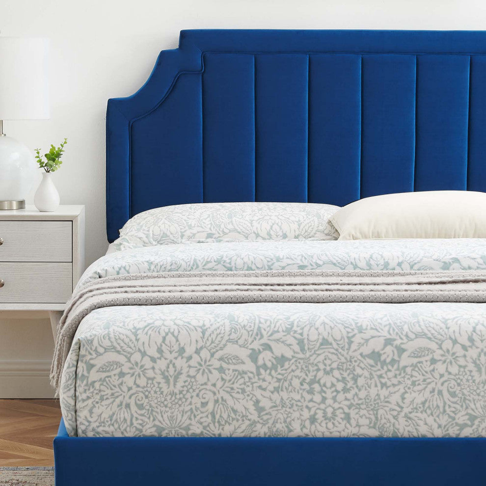 Platform Bed Frame, Full Size, Velvet, Blue Navy, Modern Contemporary, Bedroom