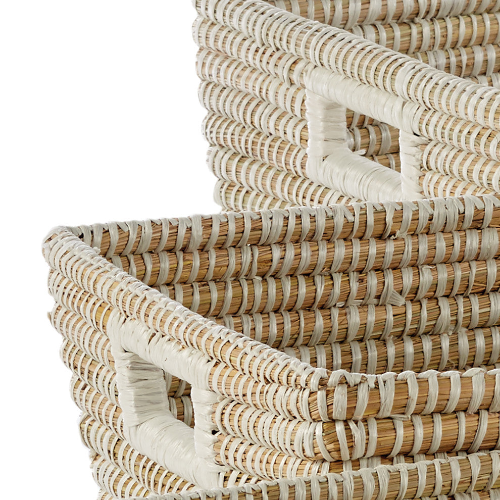 Set of 3 Woven River Grass Tote Storage Baskets Rectangle 23 20 16 in Natural