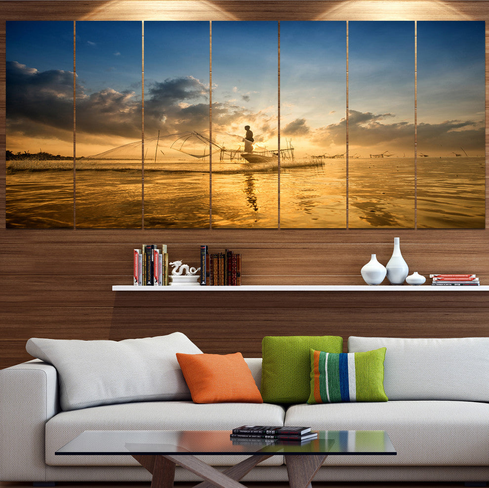 Pakpra with Fisherman at Sunrise, Landscape Canvas Art Print, 83"x32", 7 Panels