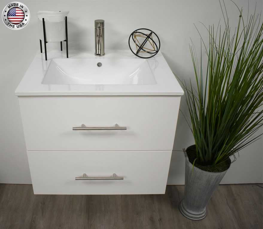 Napa 30" Modern Floating Bathroom Vanity With Ceramic Top and Round Handles, White