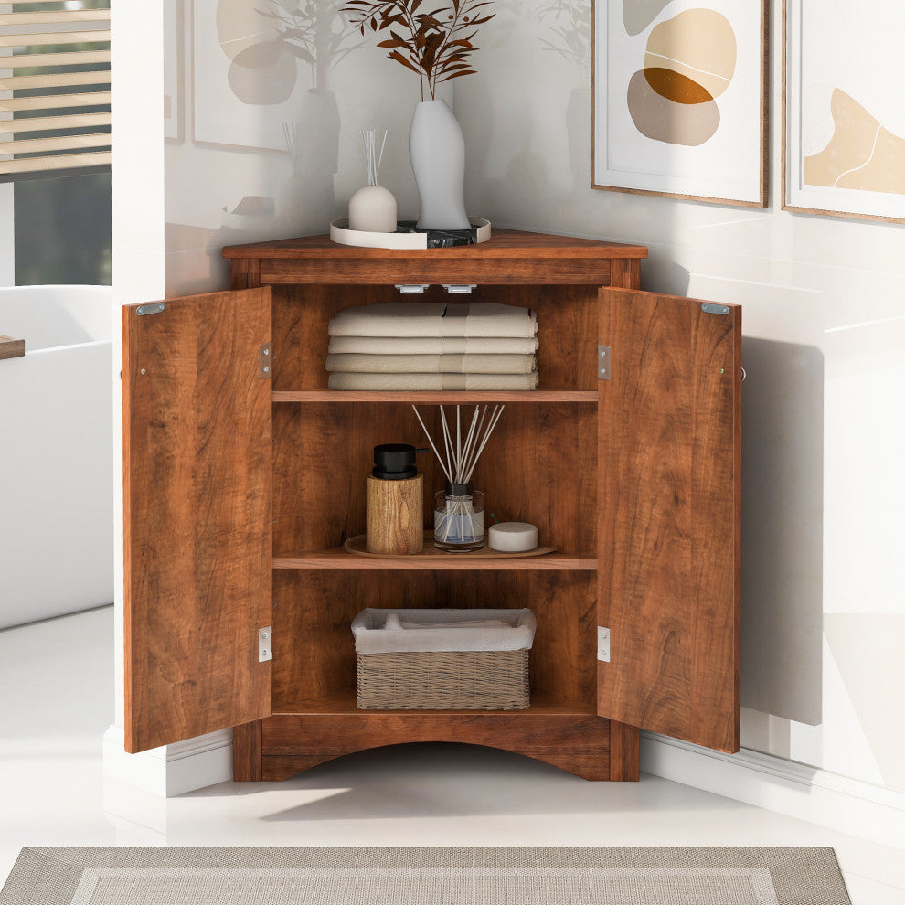 32" Wood 2-door Bath Corner Cabinet, Adjustable Shelves, Brown