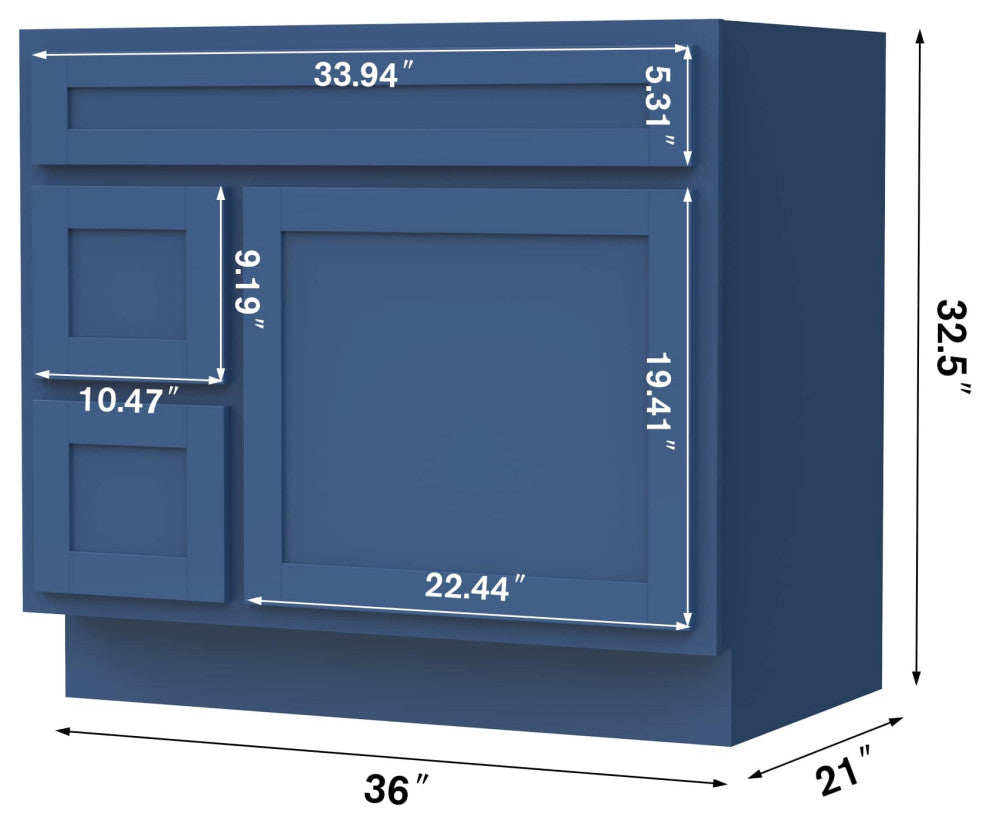 Vanity Art Vanity Base Cabinet, No Top, Drawers on Left, 36", Blue