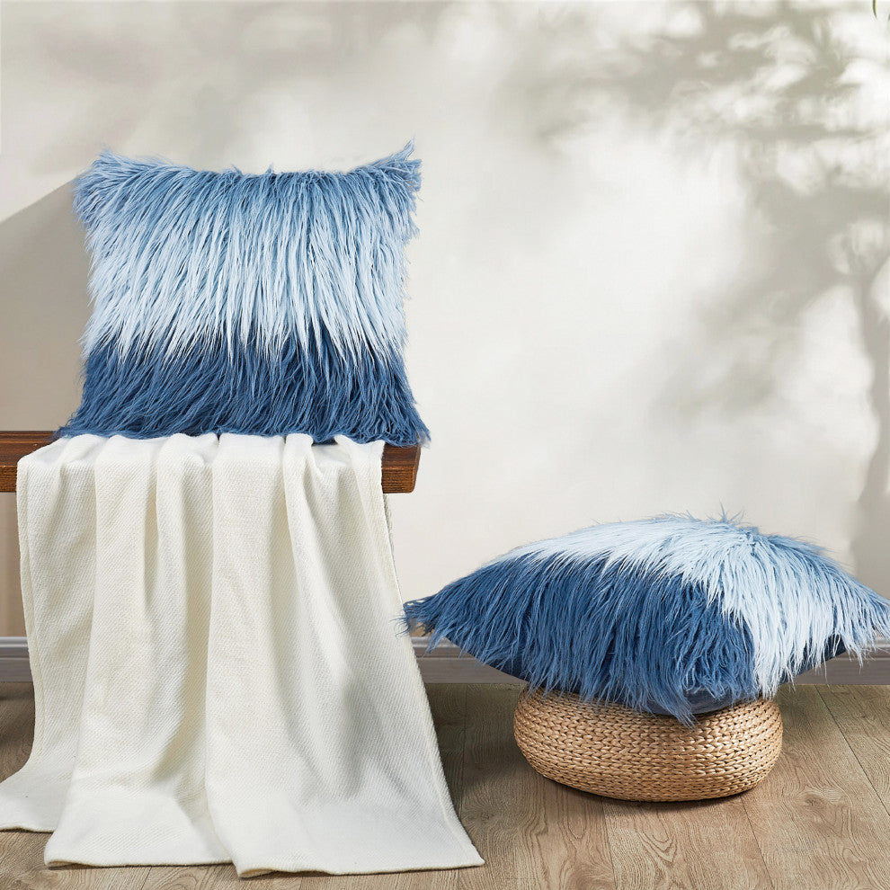 Mongolian Tie Dyed Faux Fur Pillow Cover 2 Piece Set, Blue