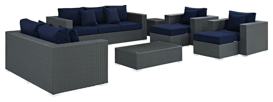 Modway Sojourn 9 Piece Outdoor Patio Sunbrella Sectional Set, Canvas Navy