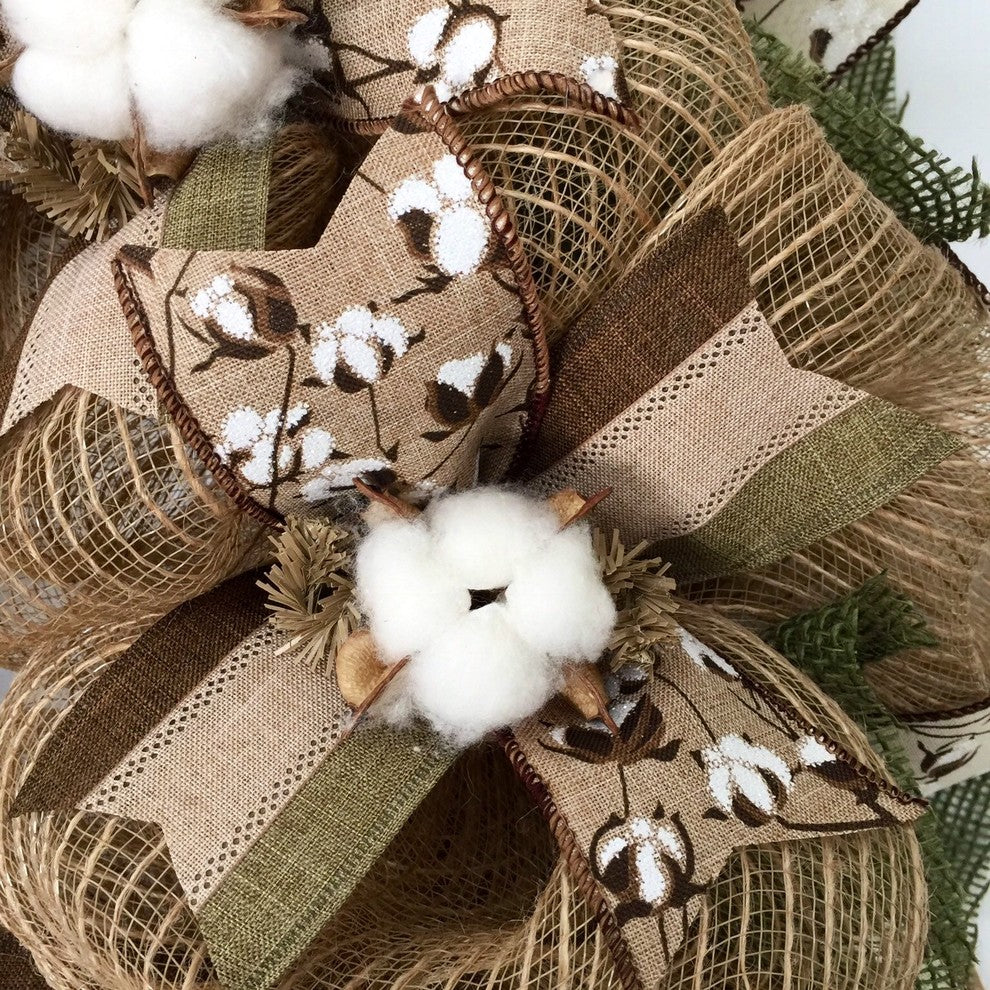 Southern Charm Cotton Blossom Burlap Deco Mesh Handmade Wreath