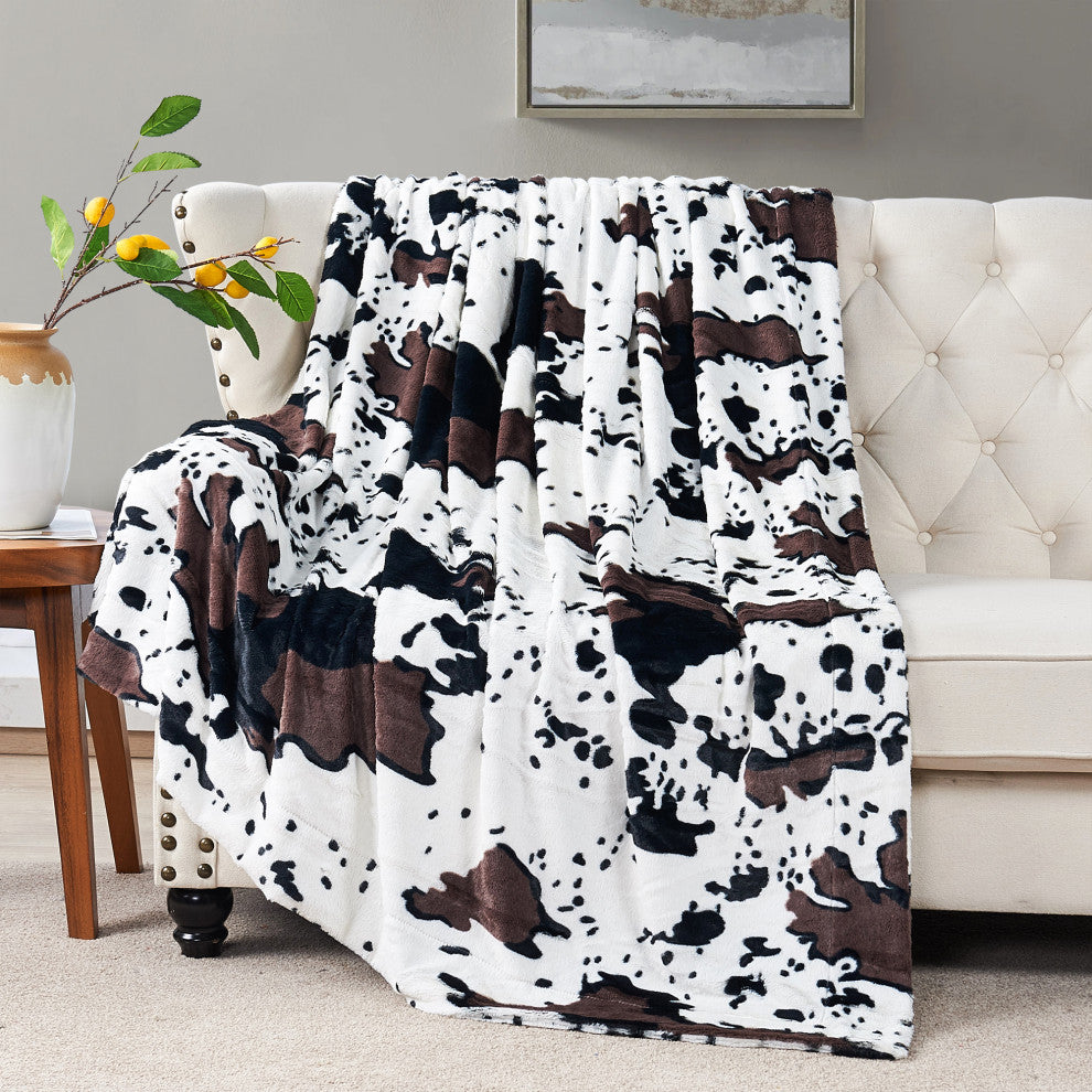 Animal Printed Double Sided Faux Fur Throw Blanket, Cow, 50"x60"