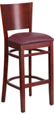 Modern Solid Back Mahogany Wood Restaurant Barstool, Burgundy Vinyl Seat