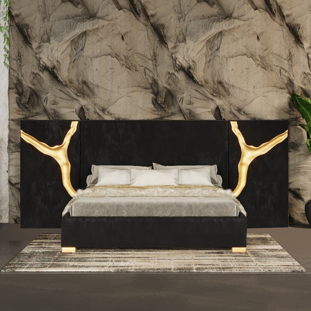 Piaz Headboard Bed, Glam Luxe Gold Eastern King Bed Black Velvet