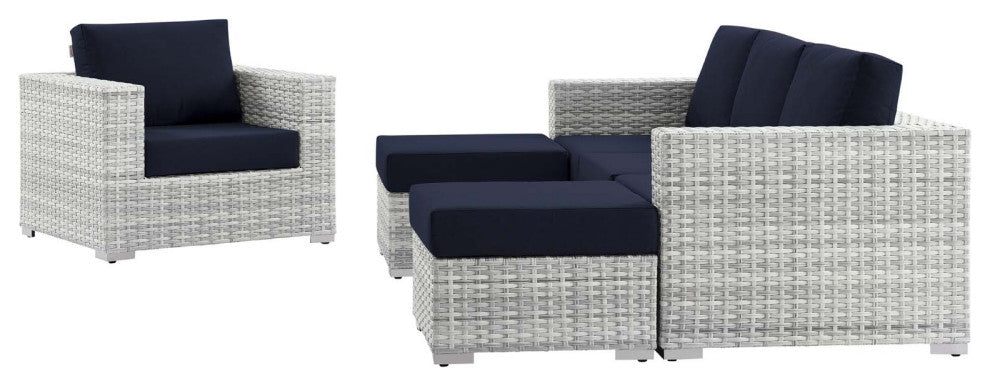 Lounge Sectional Sofa Chair Set, Rattan, Wicker, Gray Blue Navy, Outdoor