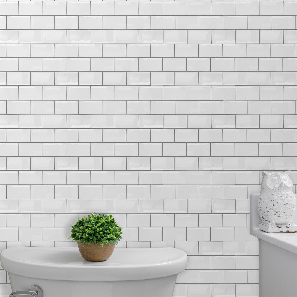 12"x6" Classic Brick Brilliant White Glossy 3D Tile Stickers, Set of 12