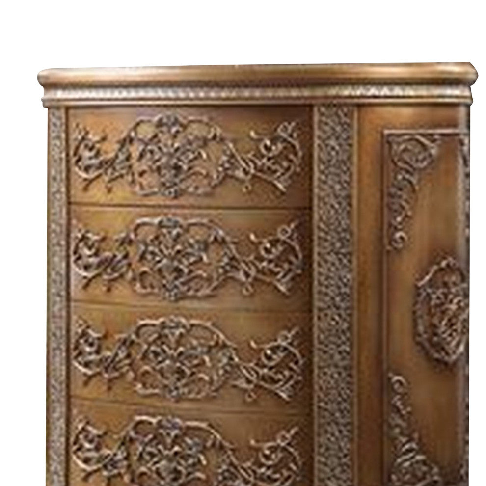 Benzara BM269594 Chest With 4 Storage Drawers/Ornate Engravings, Antique Gold