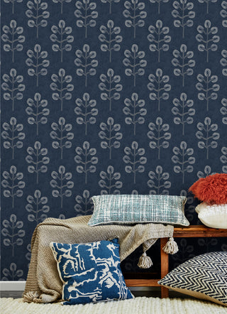 Plum Tree Dark Blue Botanical Wallpaper, Swatch
