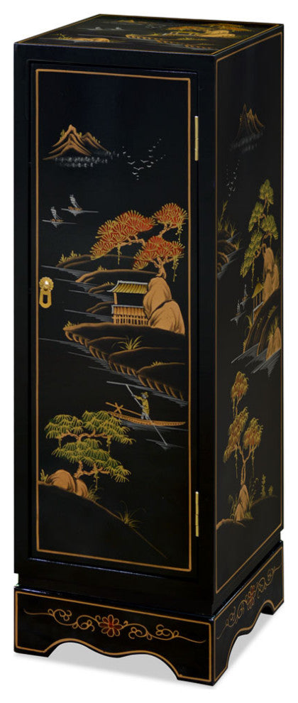 Black Lacquer Chinoiserie Chinese Pedestal Cabinet