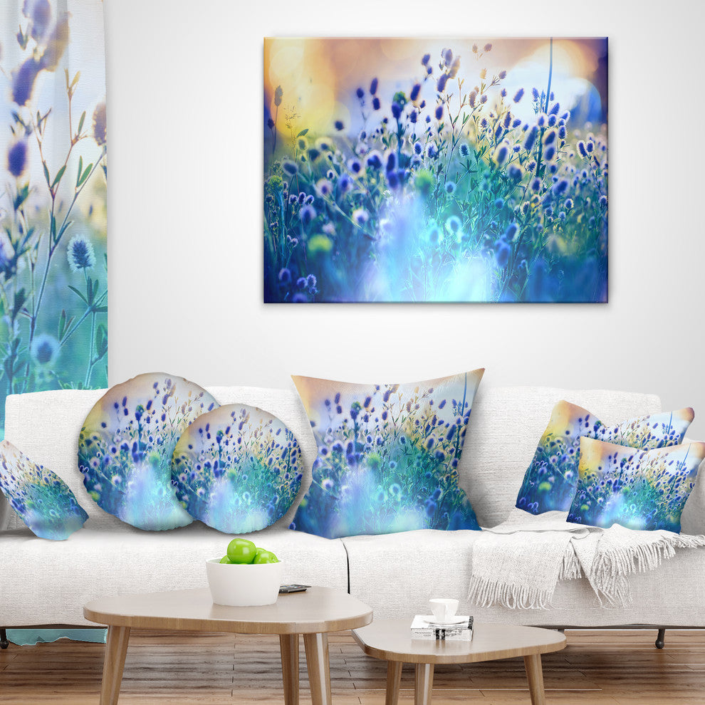 Blue Summer Flowers On Meadow Floral Throw Pillow, 16"x16"