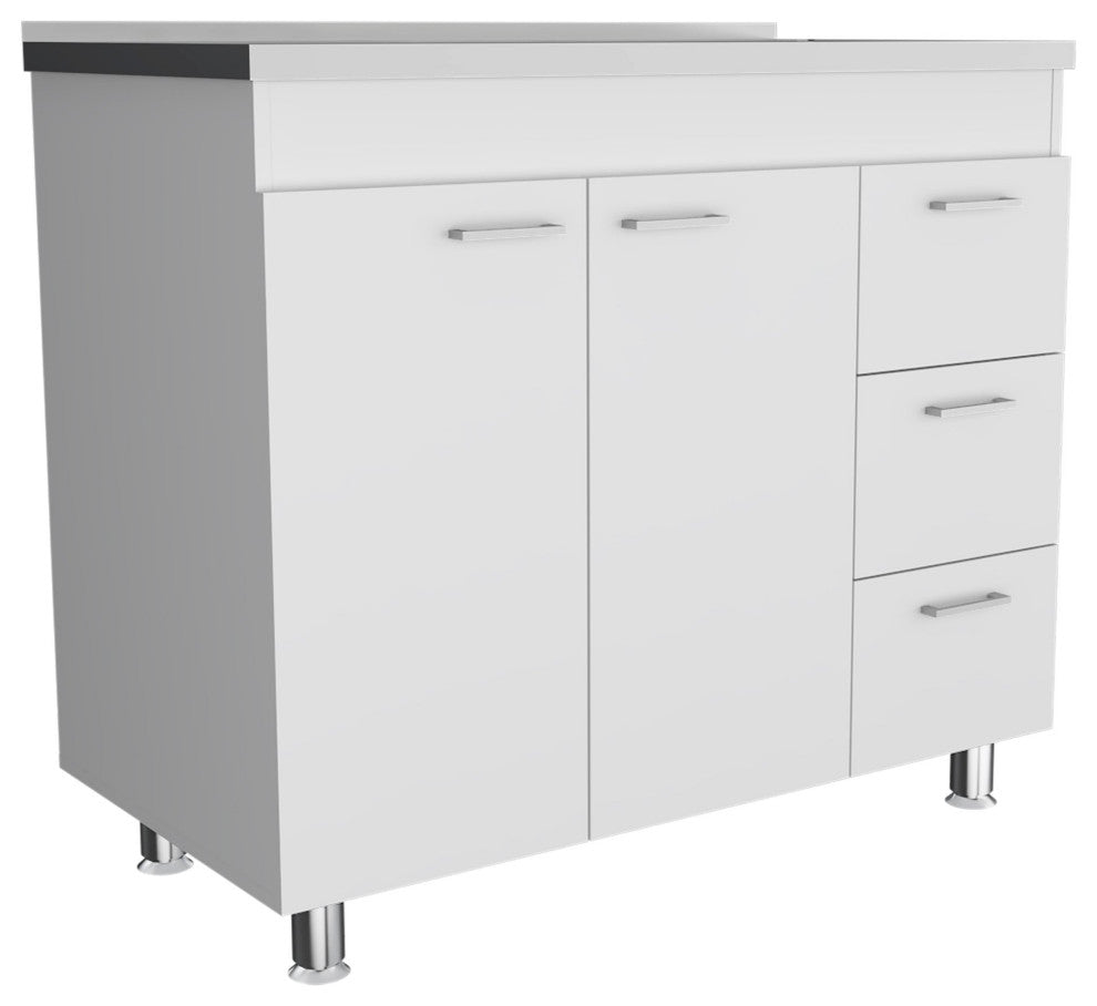 Contemporary Base Kitchen Cabinet, Aluminum Countertop & Multiple Drawers, White