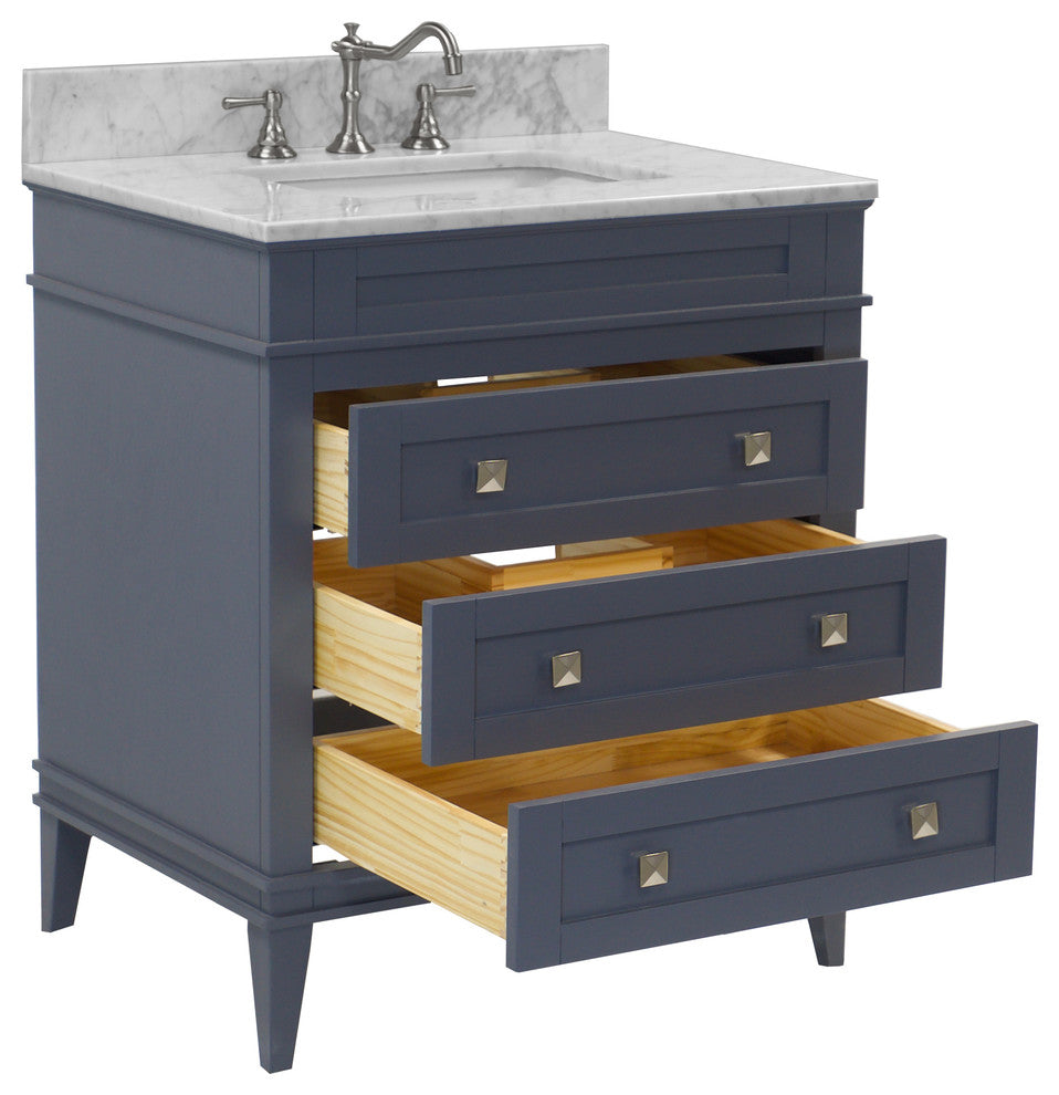 Eleanor 30" Bathroom Vanity, Marine Gray, Carrara Marble Top