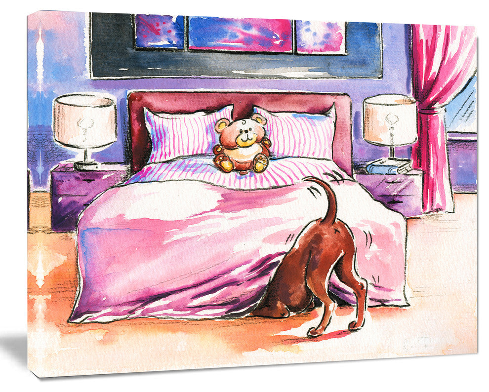Brown Dog in Bedroom, Animal Canvas Art Print, 20"x12"