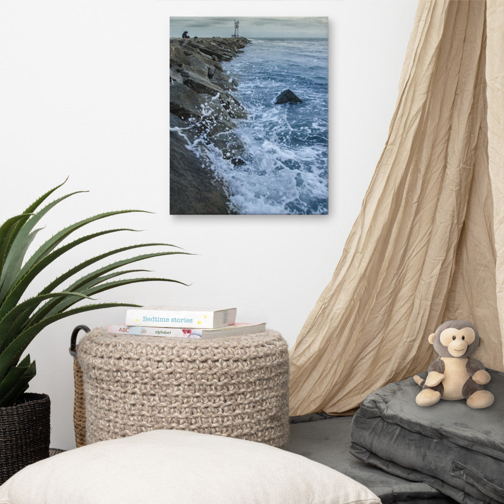 Splashing on the Jetty Coastal Landscape Photo Canvas Wall Art Print, 16" X 20"