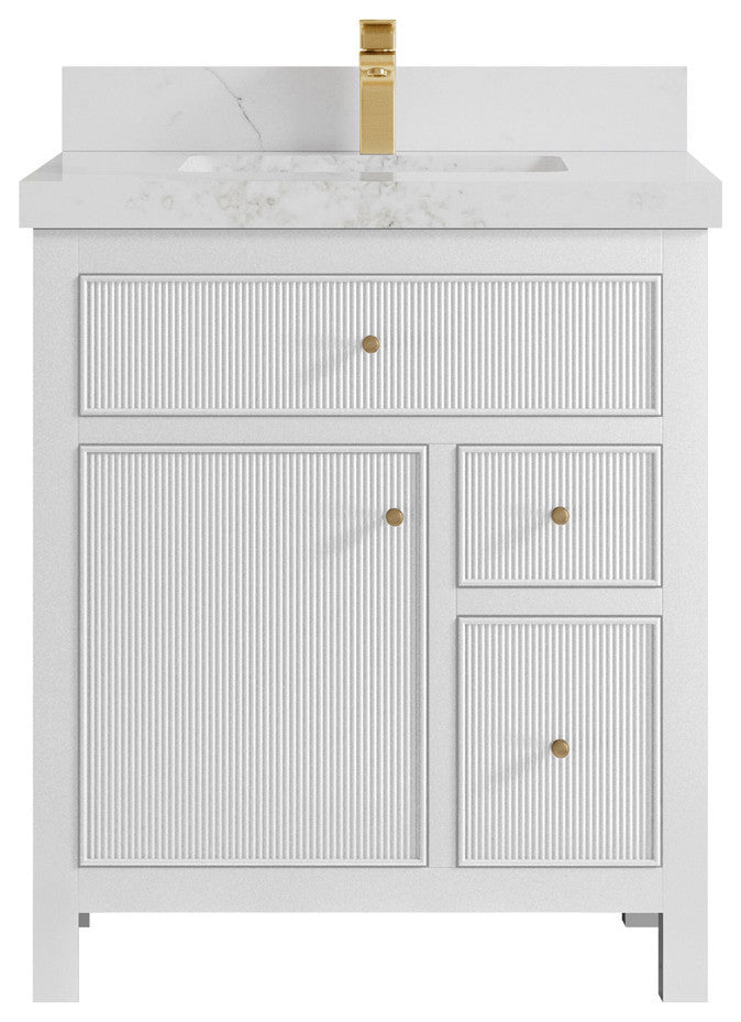 Sonoma 30 Single Sink Reeded Bath Vanity in White 2" Calacatta Nuvo