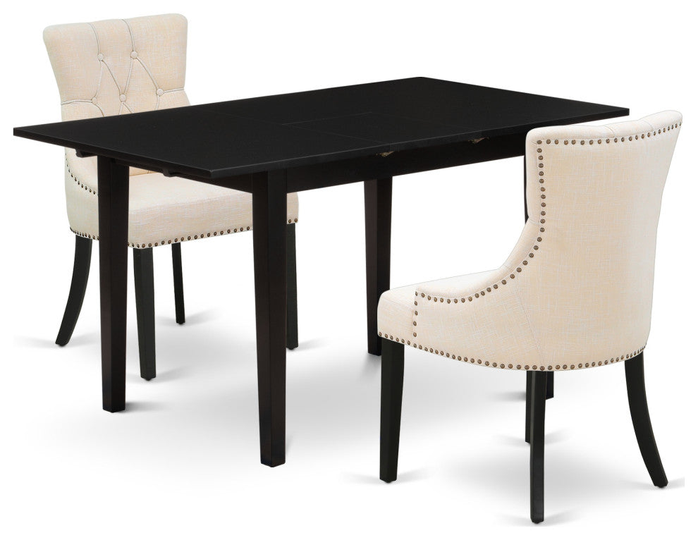 3Pc Wood Dining Set, 2 Chairs, Butterfly Leaf Rectangle Table, Black