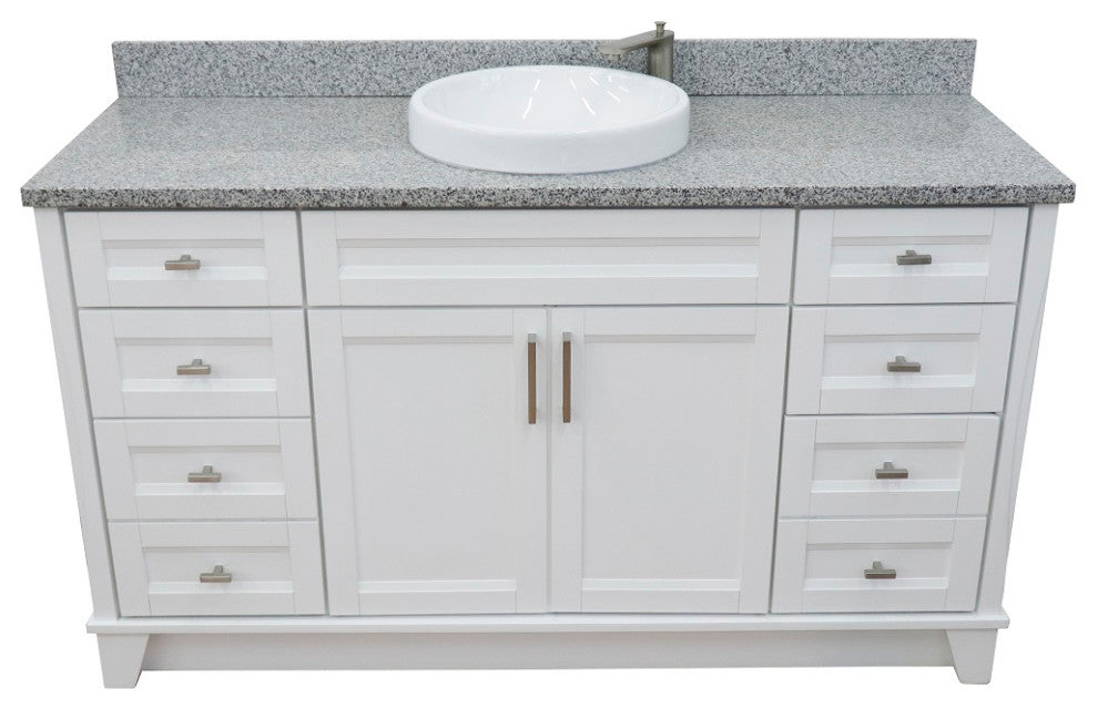 61" Single Sink Vanity, White Finish And Gray Granite And Round Sink