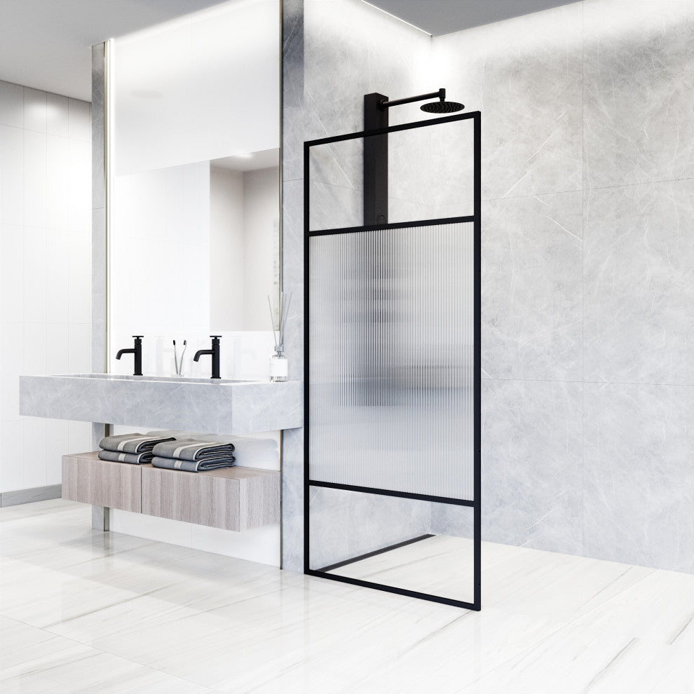 VIGO Essex 34" W x 74" H Framed Fixed Shower Screen with Fluted Glass, Matte Black