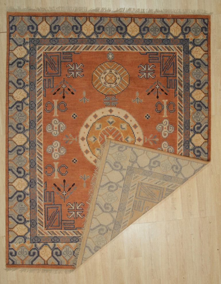 Hand-knotted Wool Rust Traditional Floral Khotan Weave Rug 6' X 9'