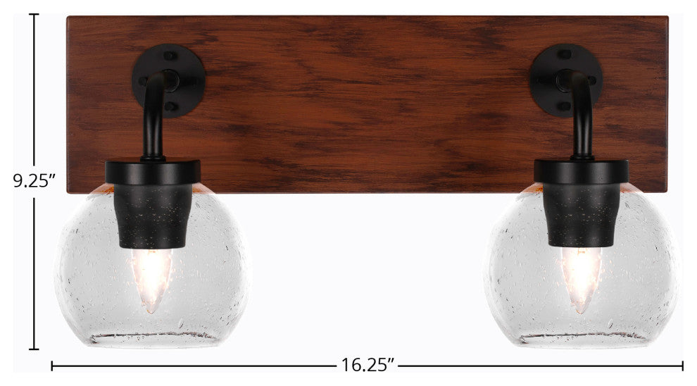 Oxbridge 2-Light Bath Bar, Matte Black & Painted Wood-look Metal/Clear Bubble