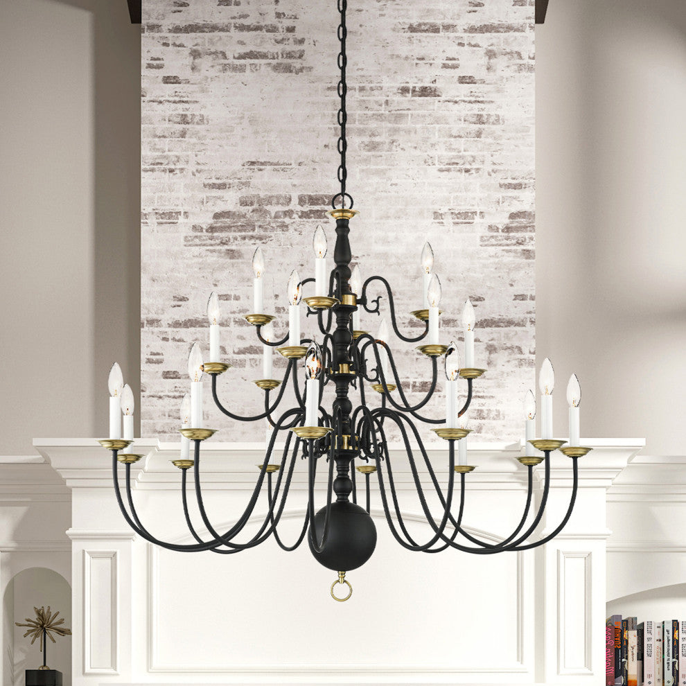 Livex Williamsburg 22 Light Black, Antique Brass Grande 3-Tier Foyer Chandelier