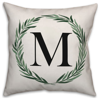 Watercolor Greenery Wreath Monogram - M 18x18 Spun Poly Pillow