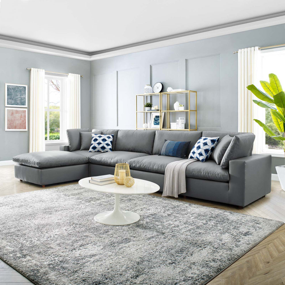 Commix Down Filled Overstuffed Vegan Leather 5-Piece Sectional Sofa - Gray
