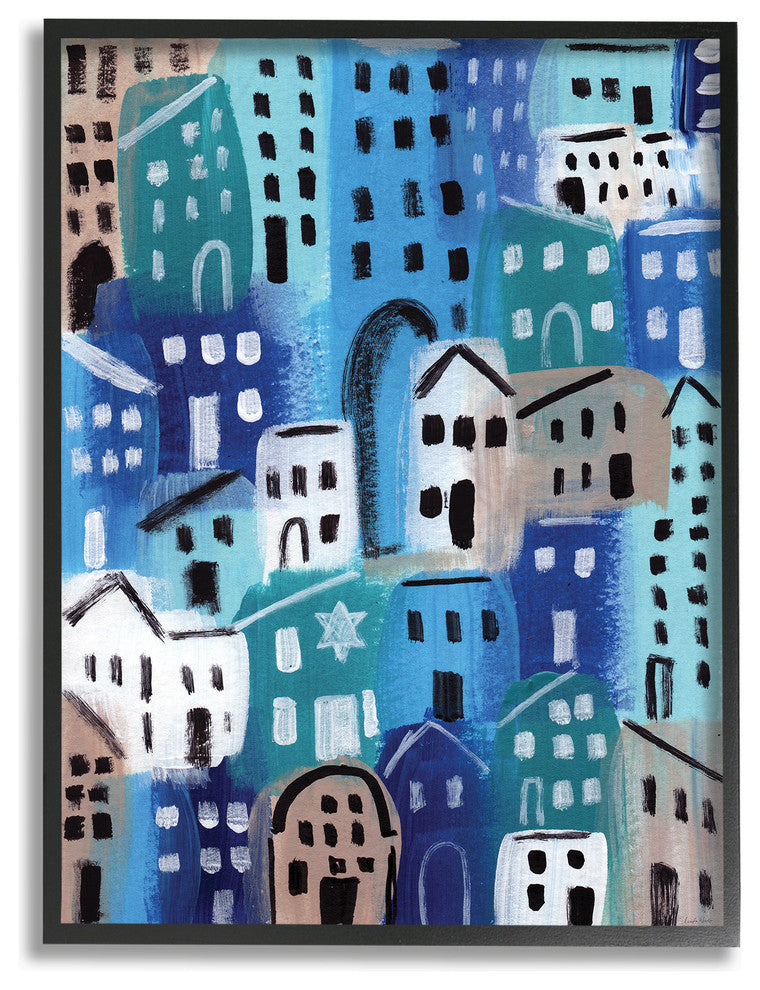 Painterly Blue Abstract Cityscape in Shades of Blue Framed Giclee, 16"x20"