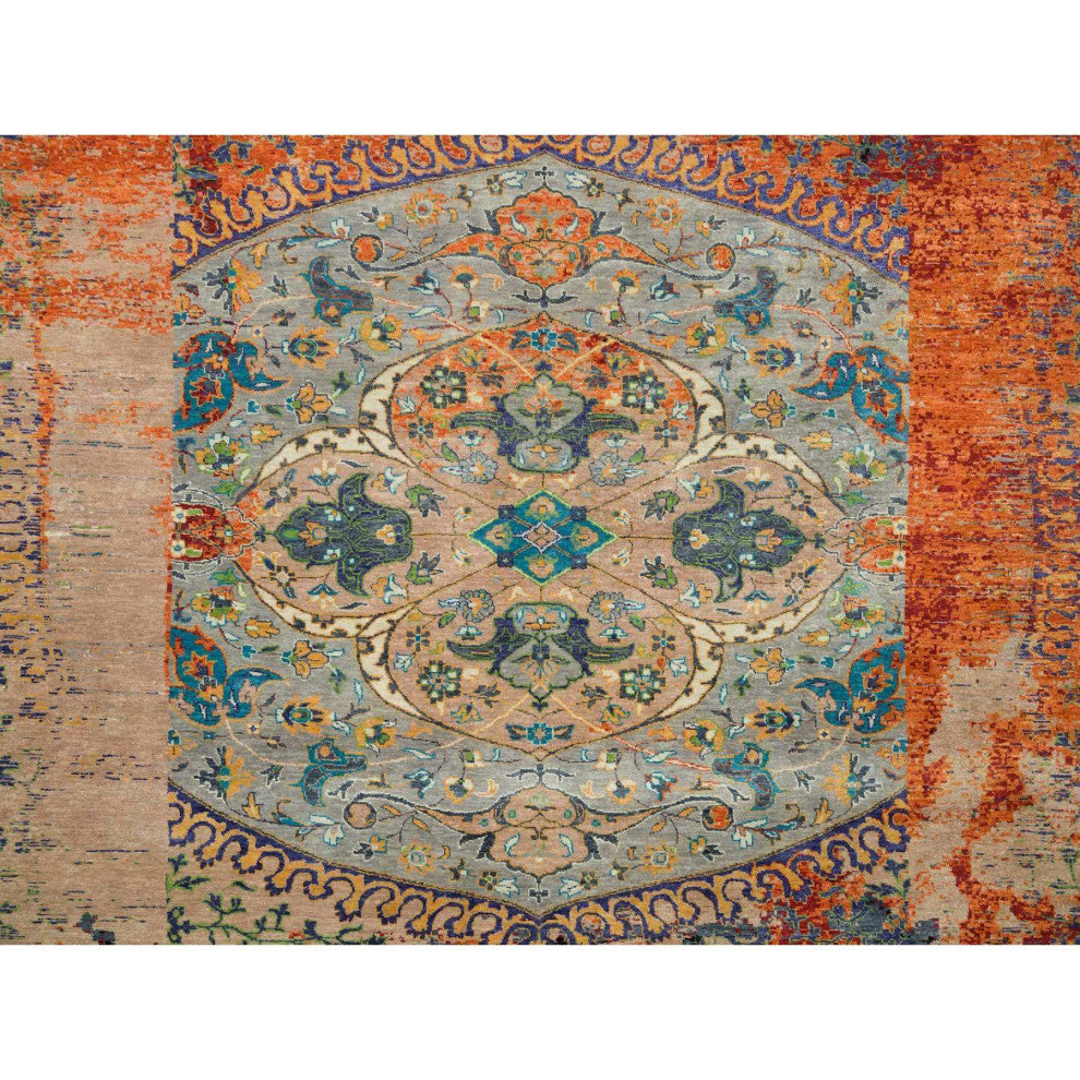 Orange Hand Knotted Ancient Ottoman Erased Design Wool Round Rug 14'x14'