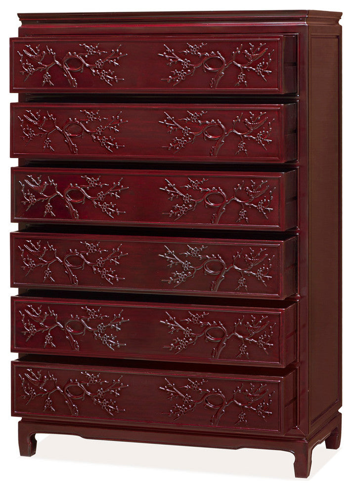 Dark Cherry Rosewood Flower and Bird Chinese High Chest of Drawers