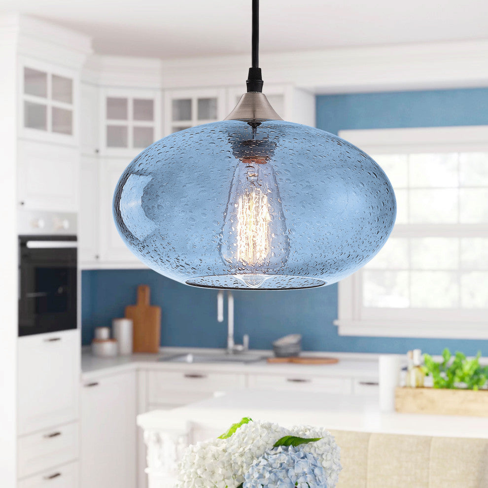 Modern 1-Light Blue Bubble Glass Design Brushed Nickel Pendant Light