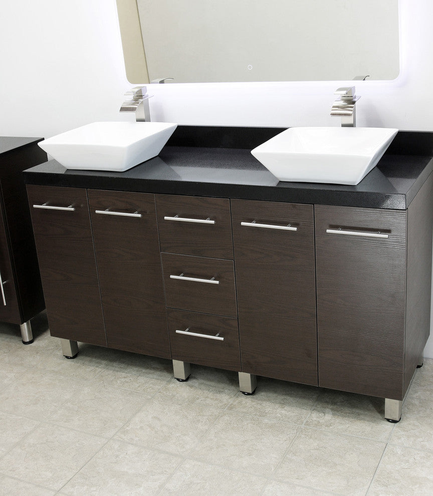 Windbay 60" Free Standing Double Vanity, Brown, Black Stone Thick Countertop
