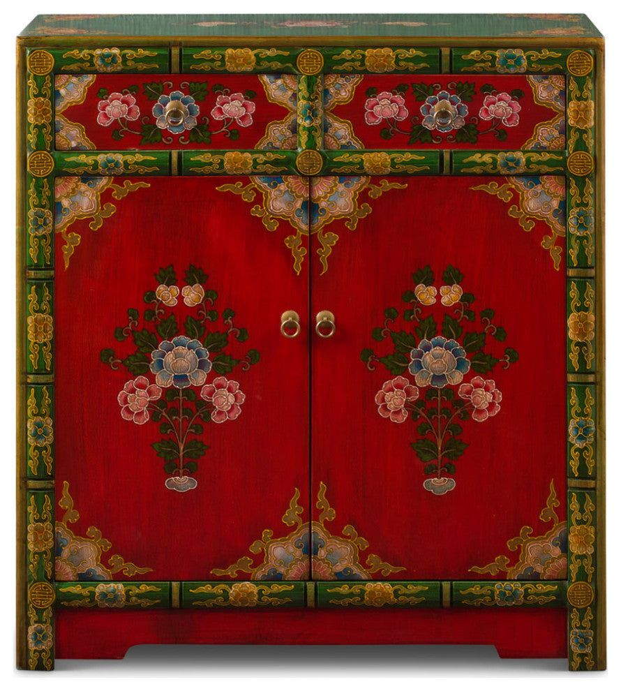 Hand Painted Red and Green Peony Motif Tibetan Chest