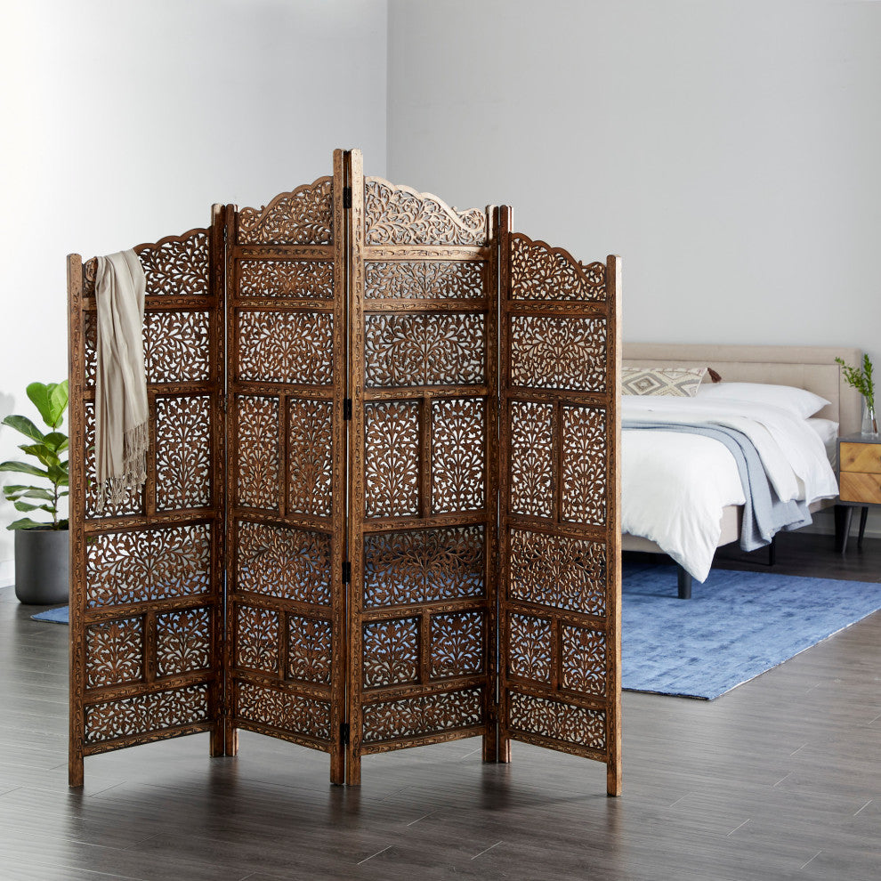 Benzara BM01875 Villa Este Wood Room Divider 4 Panels Carved Screen
