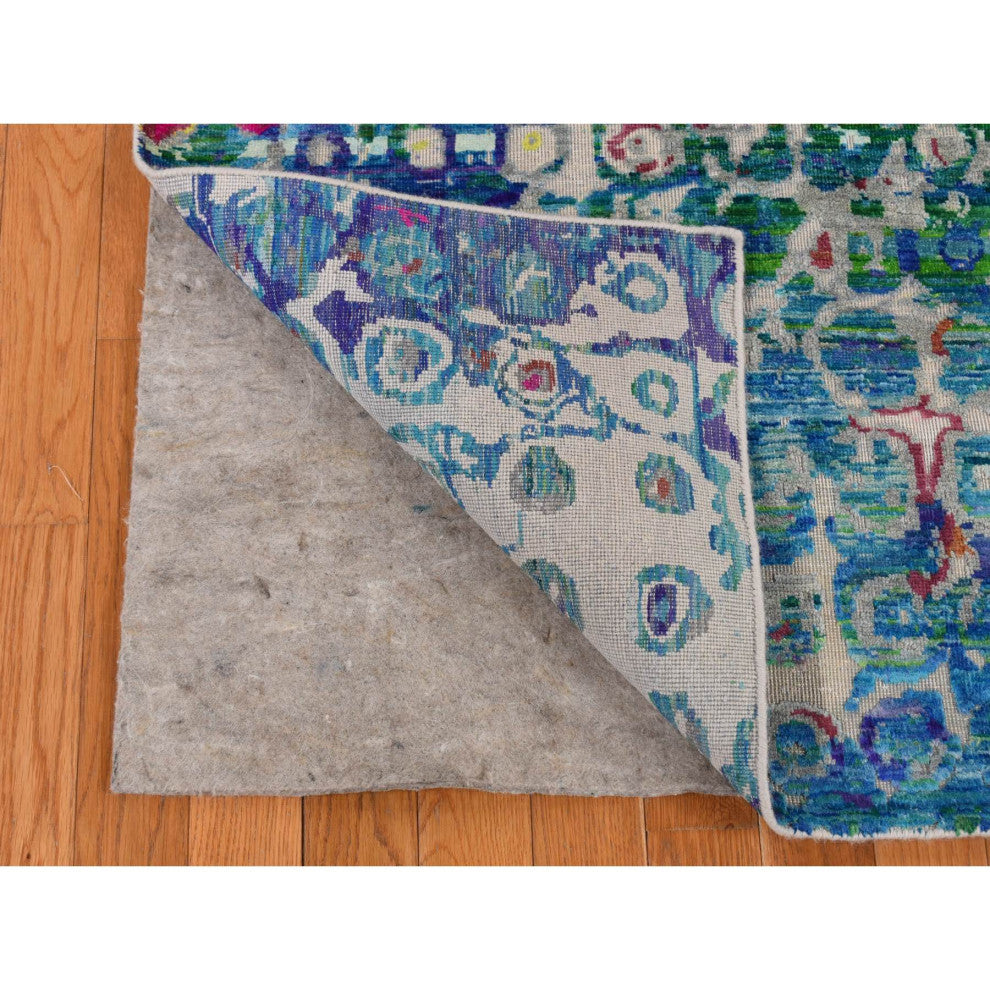 Sapphire Blue, THE PEACOCK, Sari Silk, Hand Knotted, Oriental Rug, 5'1"x7'