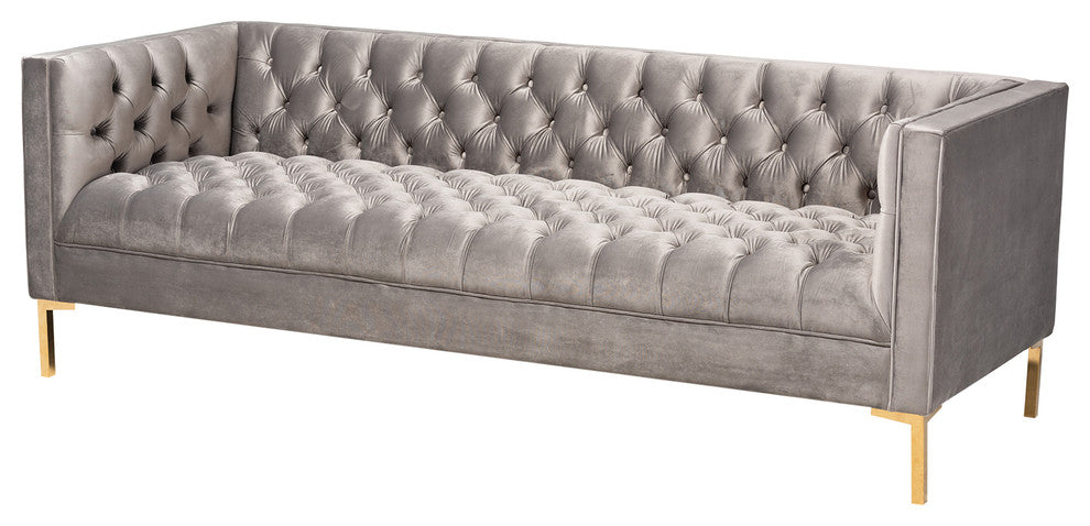 Davy Glam and Luxe Gray Velvet Gold Finished Sofa
