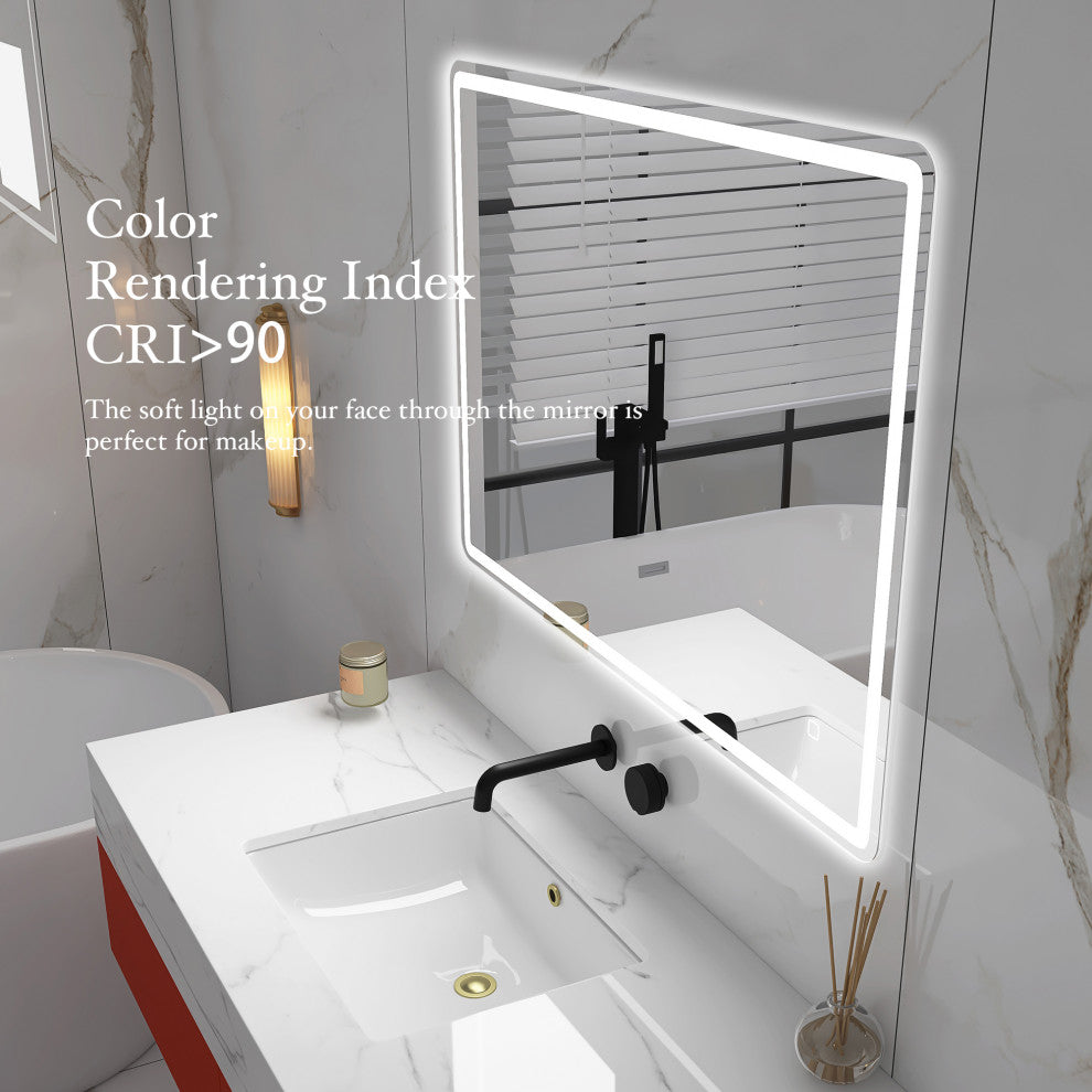 Rectangular Frameless Wall-Mount Anti-Fog LED Light Bathroom Vanity Mirror, 28x4