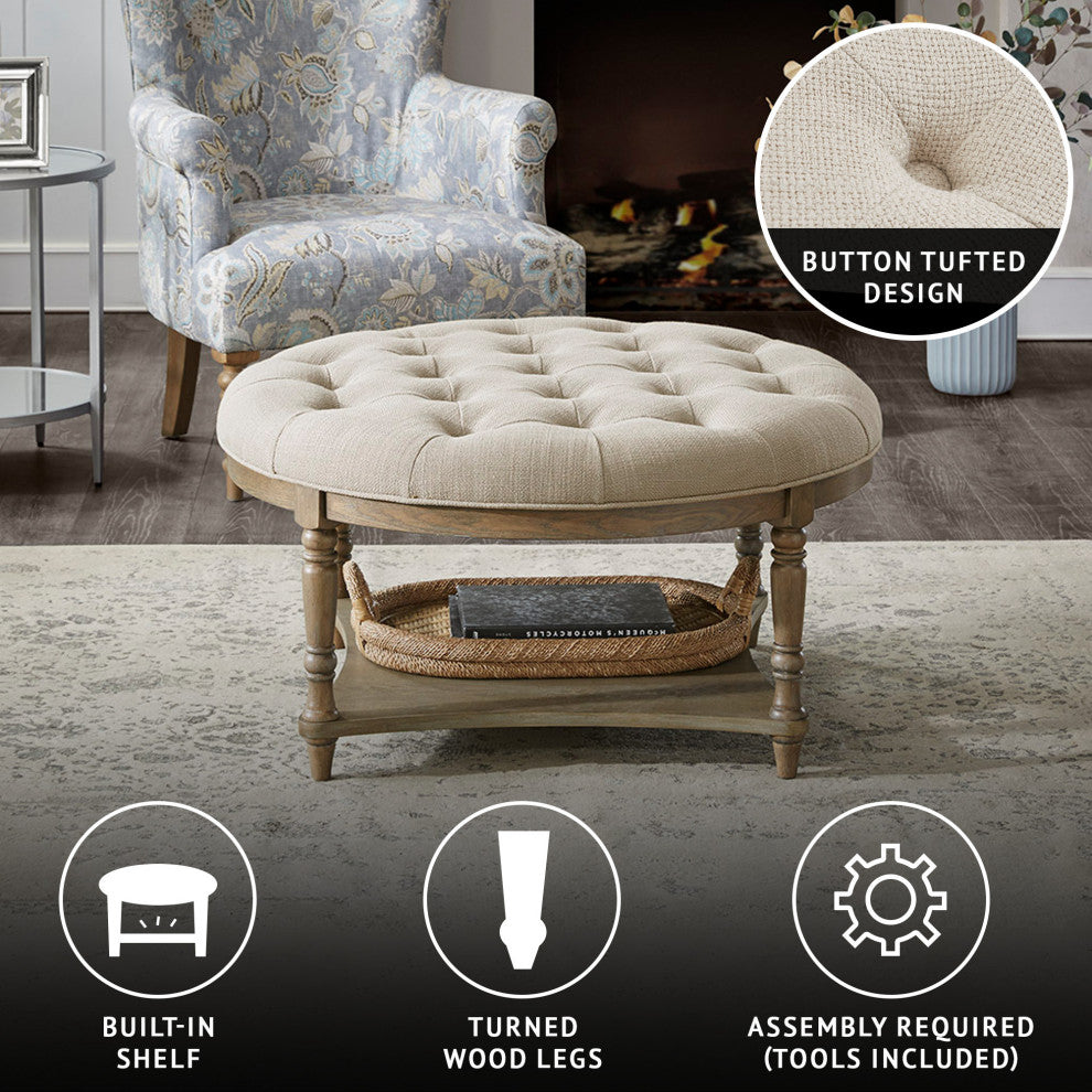 Martha Stewart Country Style Round Ottoman With Bottom Shelf, Cream