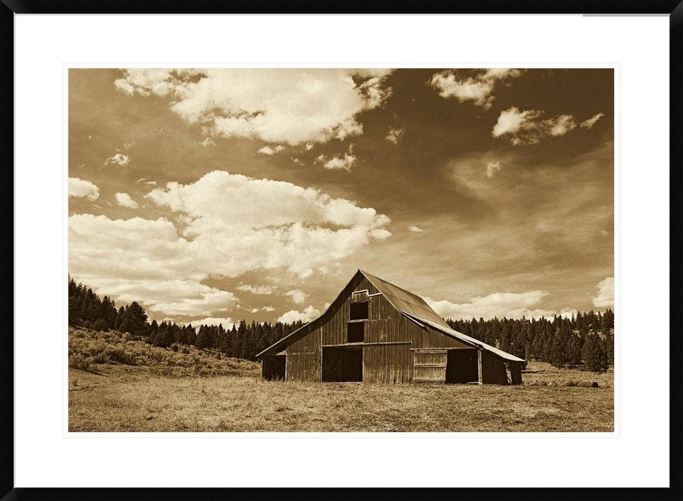 "Old red barn in pastoral landscape, Oregon - Sepia" Framed Print, 38"x28"