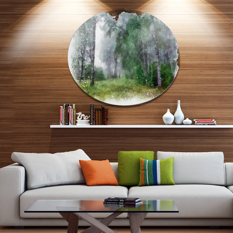 Green Forest Watercolor Drawing, Landscape Round Metal Wall Art, 11"