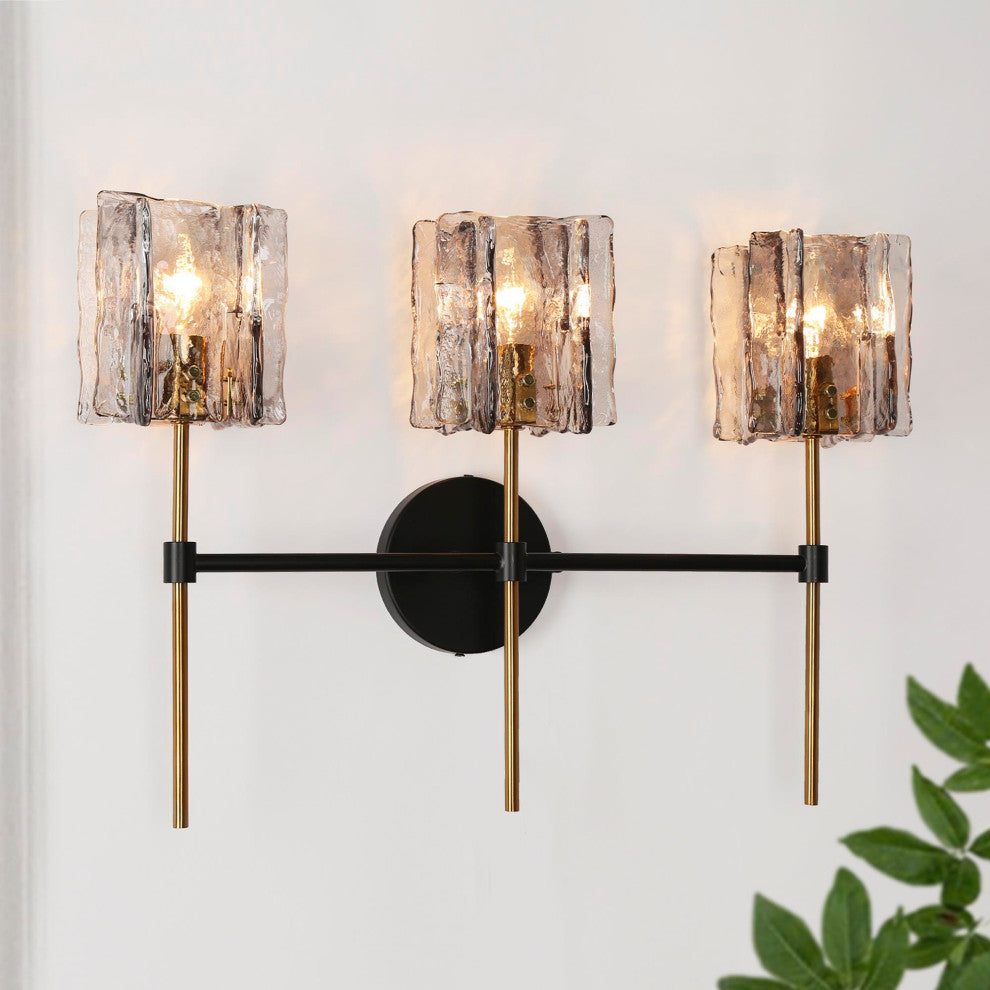 LNC Tucana Polished Gold and Matte Black Modern Wall Sconce, Textured Glass, 3 Lights